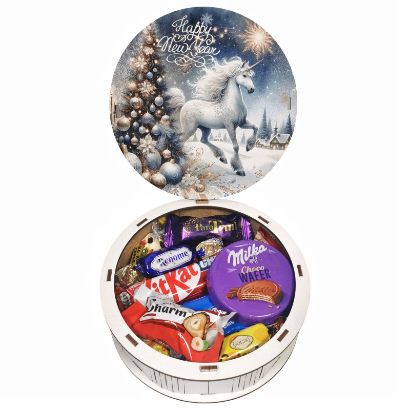 Подарунок №42/6 “Святковий єдиноріг ” 245г (15х15х5см, у дерев'яній коробці) Унікальна цукерка